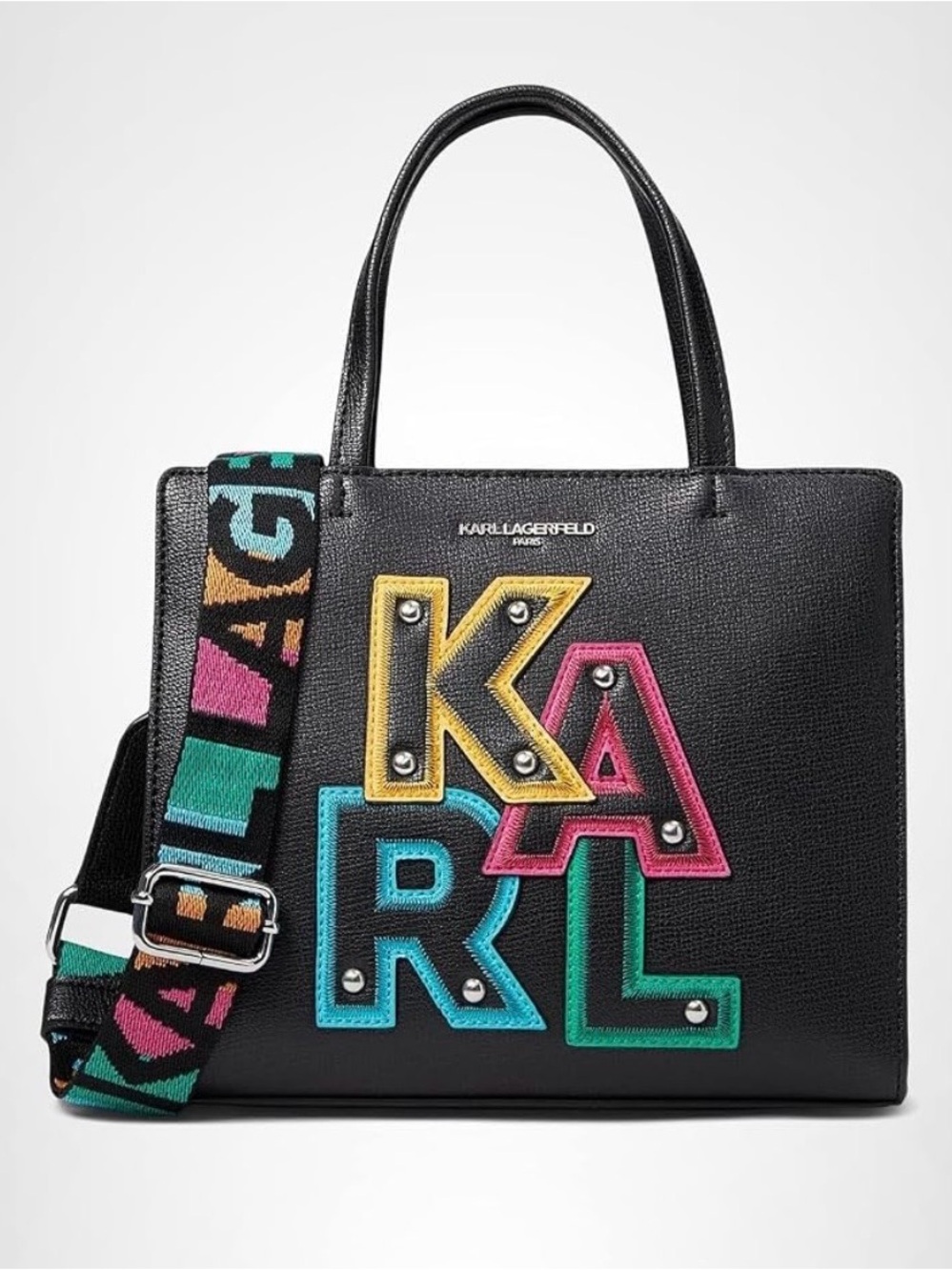 Karl Lagerfeld Black Leather 'KARL' Patch Tote with Multicolor Strap